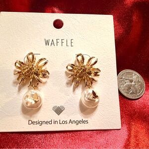 Gold Floral Earrings with Pearl Accent